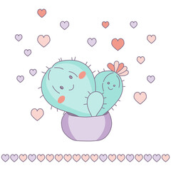 Cute enamored cactus family in a flower pot. Vector template for greeting cards and invitations for Valentine's Day.