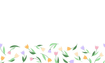 Obraz na płótnie Canvas Spring floral banner on white background with copy space. Tulip flowers and leaves seamless border for fabric, wrapping paper, greeting cards, website pages and landing pages.