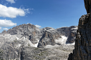 Famous peaks of the Sesto Dolomites, mountains in summer in South Tyrol, Alps, Alto Adige, Italy, Europe