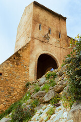 Chefchaouen, blue city. View on medieval stone city walls and the gate tower. Chefchaouen,...