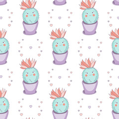 In love cute cactus characters seamless pattern. Vector illustration with potted plants and hearts on a white background.