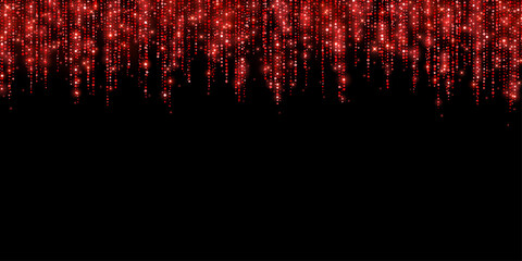 Wide red glitter festive shiny garland on black background. Vector