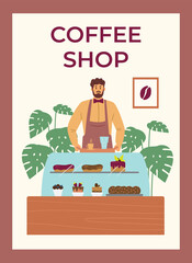 Coffee shop banner with barista serving customers, flat vector illustration.