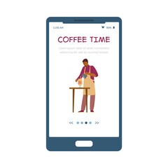 Coffee house onboarding web page with cafe barista, flat vector illustration.