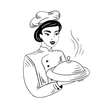 Beautiful girl chef cook holds a dish in her hands.Cooking concept.Cooking logo.Vector illustration.