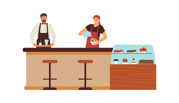 Barista or cafe owners behind coffee shop counter, vector illustration isolated.