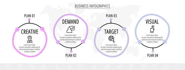 Drawn vector line infographics with four circles and icons. Flat chart process template with 4 steps. Sketch timeline for business project, presentation, web, diagram