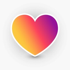 Heart-shaped sticker with gradient neon fill and white outline. Сolorful label, love, like. Valentine card. Social media concept. 