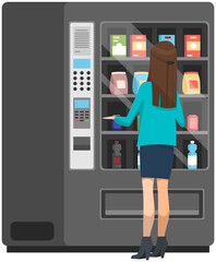 Woman using vending machine with snacks isolated on white background. Female character buying food and drinks in modern device. Lady standing next to food vending machine and chooses snack or soda - obrazy, fototapety, plakaty