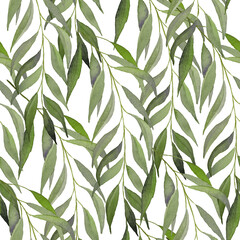 Green eucalyptus branch seamless pattern. Foliage watercolor background. For printing on fabric and wallpaper. Floral print. Natural leaves backdrop.