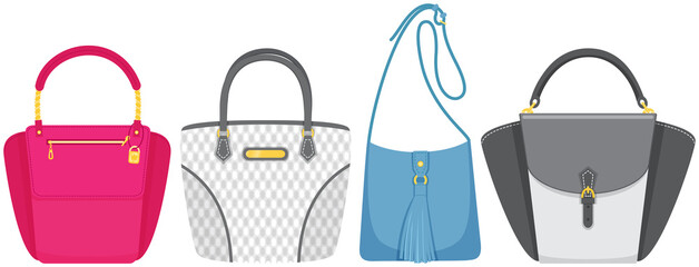Cartoon set of women bag vector icon isolated on white background, stylish handbag. Ladies handbag in flat style. Elegant ladies leather bag, female accessories object, fashion trendy case with handle
