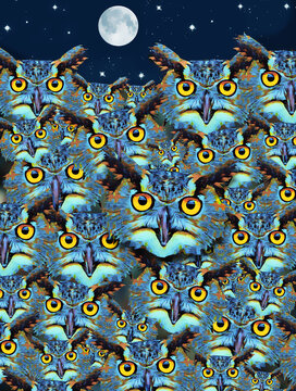 Owls with big yellow eyes peer out in the night in this 3-d illustration..More than 30 great horned owls are in this image with a full moon and stars.