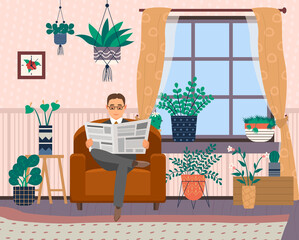 Serious man sits in chair and reads newspaper. Rest and relax of successful person in cozy room. Adult businessman in armchair with newspaper. Interior design of modern living room of house or hotel