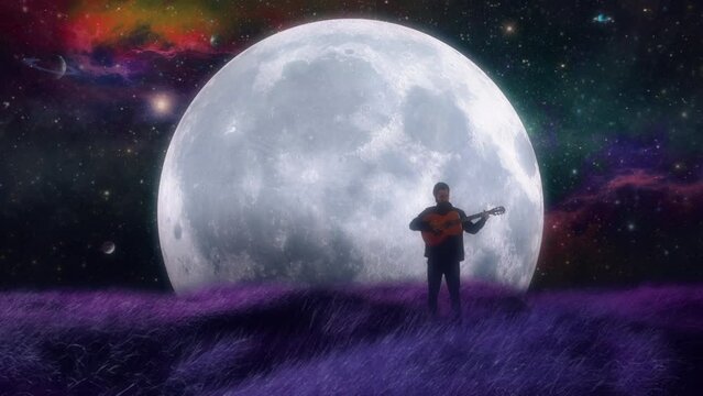 Man Playing Guitar Moonlight In Deep Space Surreal Landscape. Male musician playing acoustic guitar in a surreal moonlight landscape in space