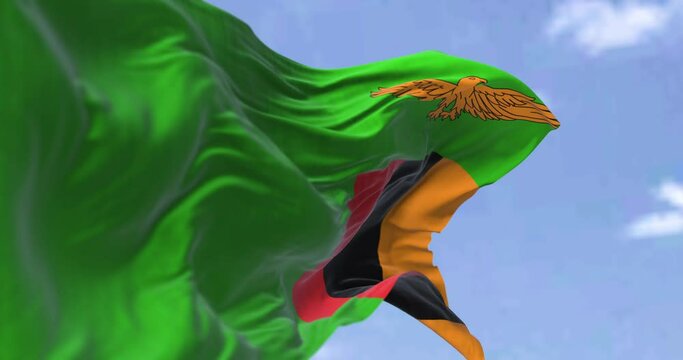 Detail of the national flag of Zambia waving in the wind on a clear day.
