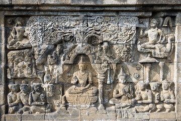 Detail of Buddhist carved relief in Borobudur temple - Java, Indonesia - 496881938