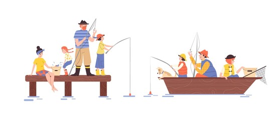 Family fishing together from boat and bridge, flat vector illustration isolated.