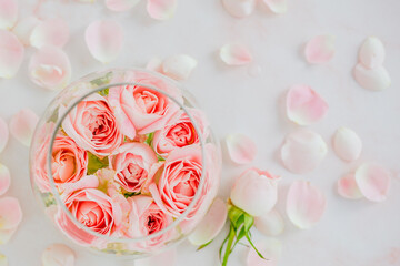 ガラスの器に入ったピンク色のバラの花