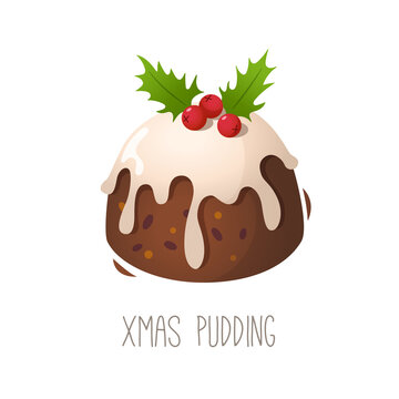 Collection of cakes pies and desserts for all letters of alphabet. Letter X - xmas cake christmas pudding. Sticky sponge cake with dried and candied fruit and citrus zest. Isolated vector illustration
