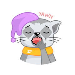 Cartoon funny lemur show sleepy emotion and yawn. Vector animal illustration for emoji, sticker, print. Drowsy baby lemur.