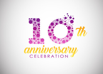 10 years anniversary celebration logo design with purple dots for greeting card, banner and invitation card. Happy birthday design of 10th years anniversary celebration.