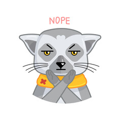Cartoon funny lemur show negative against emotion and say no. Vector animal illustration for emoji, sticker, print with word nope.
