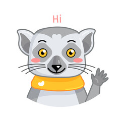 Cartoon funny lemur show positive greeting emotion and say hello. Vector animal illustration for emoji, sticker, print with word hi.