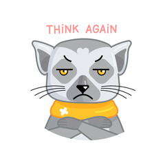 Cartoon funny lemur show boring, dissatisfied emotion. Vector animal illustration for emoji, sticker, print with words think again.