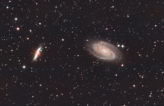 Bode's Galaxy M81,M82 in Ursa Major constellation with Nebula, Open Cluster, Globular Cluster, stars and space dust in the universe and Milky way, astrophotography camera on telescope.