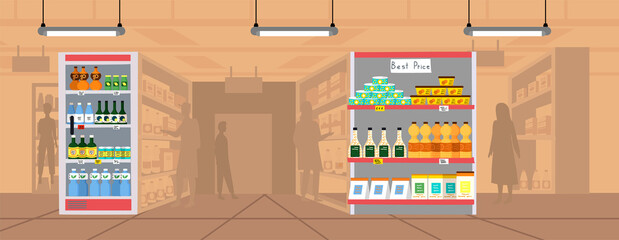 Supermarket interior, grocery shop with food on shelves. Sale, discounts in food store. Hypermarket in mall for selling grocery. Shelving of modern supermarket. Self-service store vector illustration