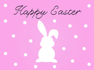 illustration of white rabbit near happy easter lettering on pink dotted background
