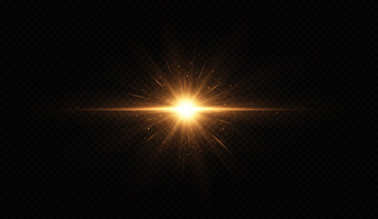 Shining golden star. Light Effect Bright Star, Christmas Star. Gold glowing light explodes.