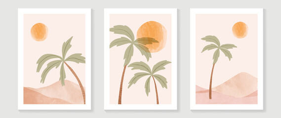 Fototapeta na wymiar Abstract watercolor beach wall art template. Wallpaper design with coconut tree, sun, sand beach in minimal style. Summer painting for wall decoration, interior, background, cover, banner.