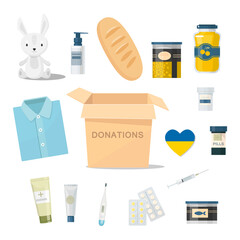 Donation kit. Cardboard box, food, medicine, toys. Help for refugees, humanitarian aid. Set. Vector illustration. isolated.