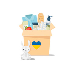Donation box in Ukraine. Open the box with food, clothes, medicines, toys. Help for refugees, humanitarian aid. Vector illustration. isolated.