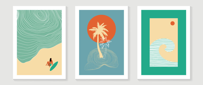 Abstract line art beach wall art template. Sea wallpaper design with coconut tree, sun, sea wave, beach in minimal style. Ocean painting for summer season, wall decoration, interior, background.