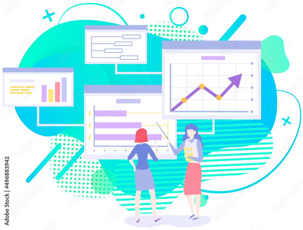 Poster visualize with business analytics. people work with statistical data analysis, changing indicators. 