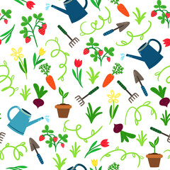 Decorative seamless pattern with garden tools. Gardening seamless pattern 