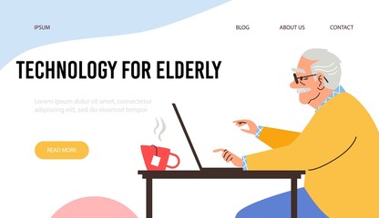 Advanced temporary technology for elderly website page, flat vector illustration.