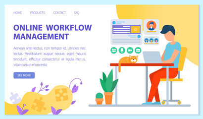 Online workflow management, networking concept. Man with laptop working on business development. Business website or webpage template, landing page flat style. Male employee analyzes customer base