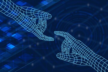 Virtual two hands makes a choice on a data touchscreen.