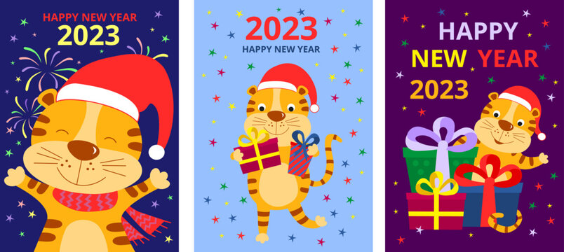 Vector festive set design template New Year 2023 card. Funny animals. Vertical flat digital eps pattern.Image of tiger with gifts for congratulatory typography poster, souvenir, gift