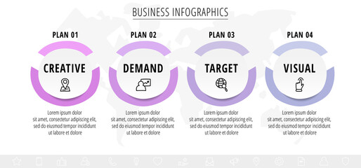 Vector hand-drawn infographics with 4 circles and labels. Modern concept graphic process template with four steps and symbols. Sketch timeline for business project on white background