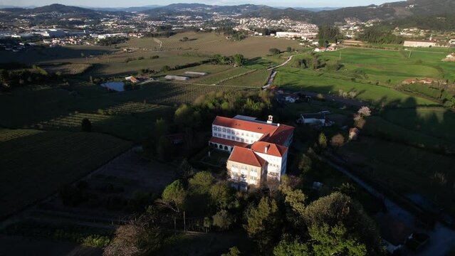 DRONE AERIAL FOOTAGE: The Monastery of Saint Scholastica, in Roriz, in the municipality of Santo Tirso. A nuns convent famous for its butter cookies (cloister delicacies).