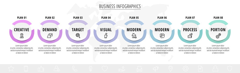 Vector hand-drawn infographics with 8 circles and labels. Modern concept graphic process template with eight steps and symbols. Sketch timeline for business project on white background