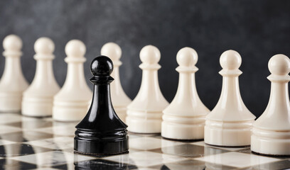 Black chess pawn challenges and confronts the white pawns.