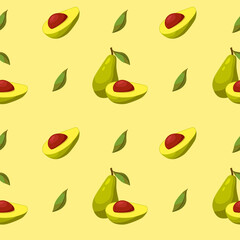 Seamless vector pattern with avocado on a yellow background. Print for textile, fabric, poster, card. Food.