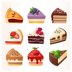 Bakery and pastry desserts with chocolate vanilla and strawberry flavours. Vector isolated delicious illustrations of cakes and pie decorated with fruit, chocolate glaze Cute icons for menu designs. 