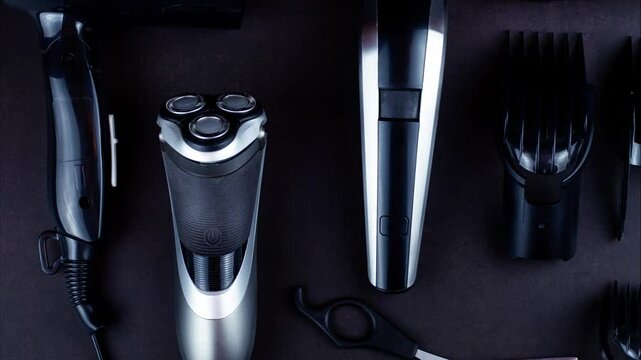 Shaving, Razor, brush, Comb, scissor, clippers and hair trimmer. Accessories for Barber shop equipment on black background Top view copyspace