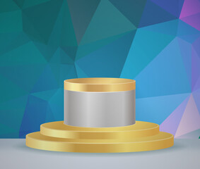 3D vector abstract podium, pedestal, plaque, cylinder steps of a round gold frame. The concept of minimalistic layout, empty space and space. Mock Up. on blue background abstract polygon